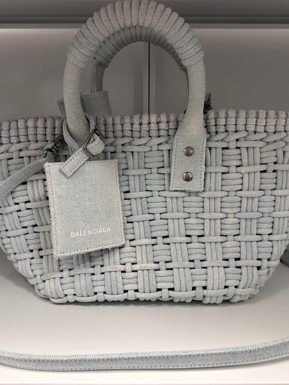 Balenciaga Washed Frayed Denim Braided XS Bistro Basket Blue